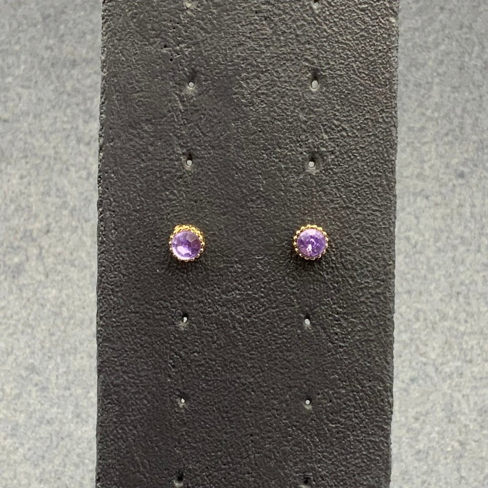 Purple Rhinestone Gold Earrings Pierced Fluted Round